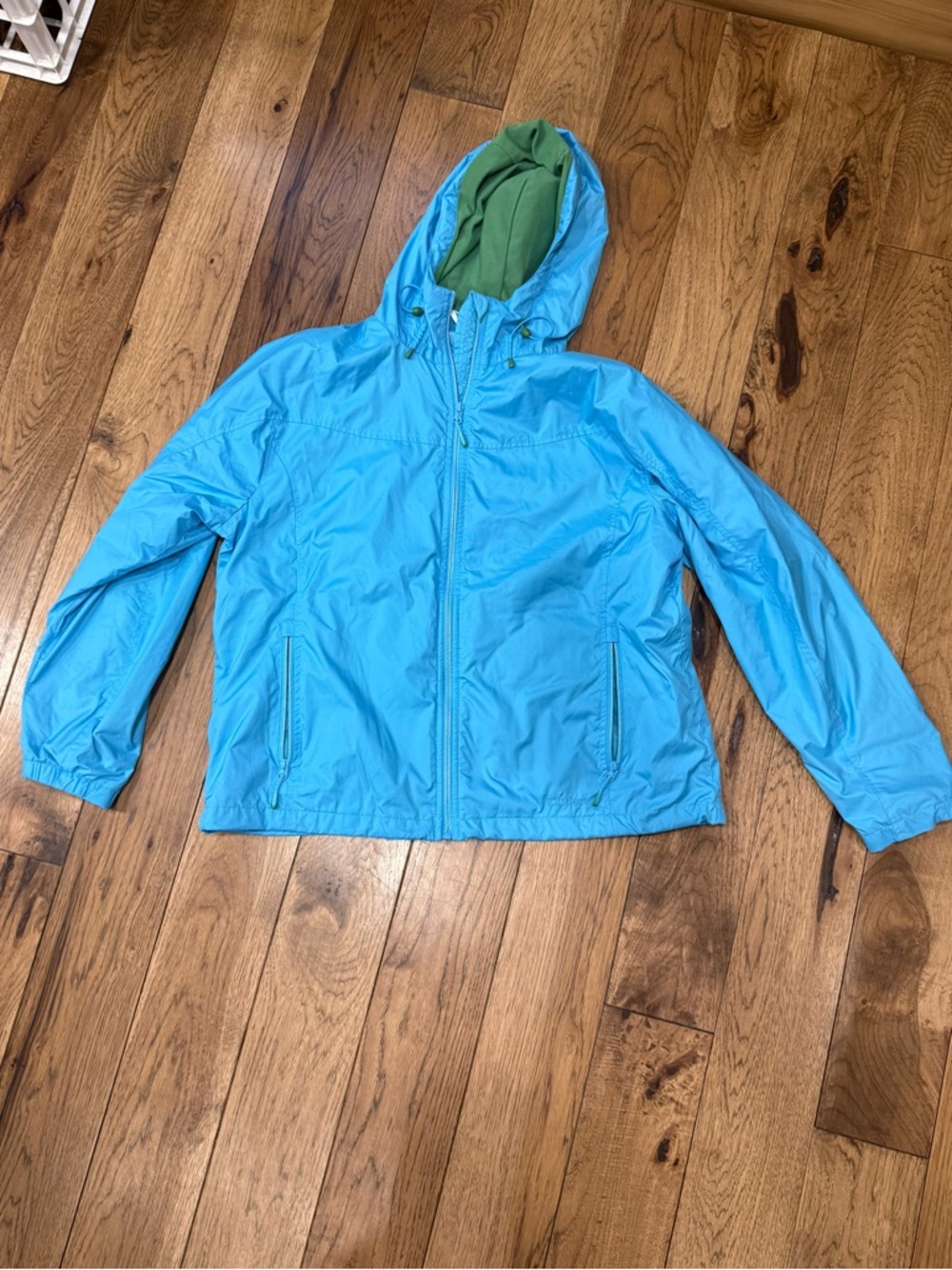 Eddie Bauer Bright Blue Raincoat with Green Hood Lining